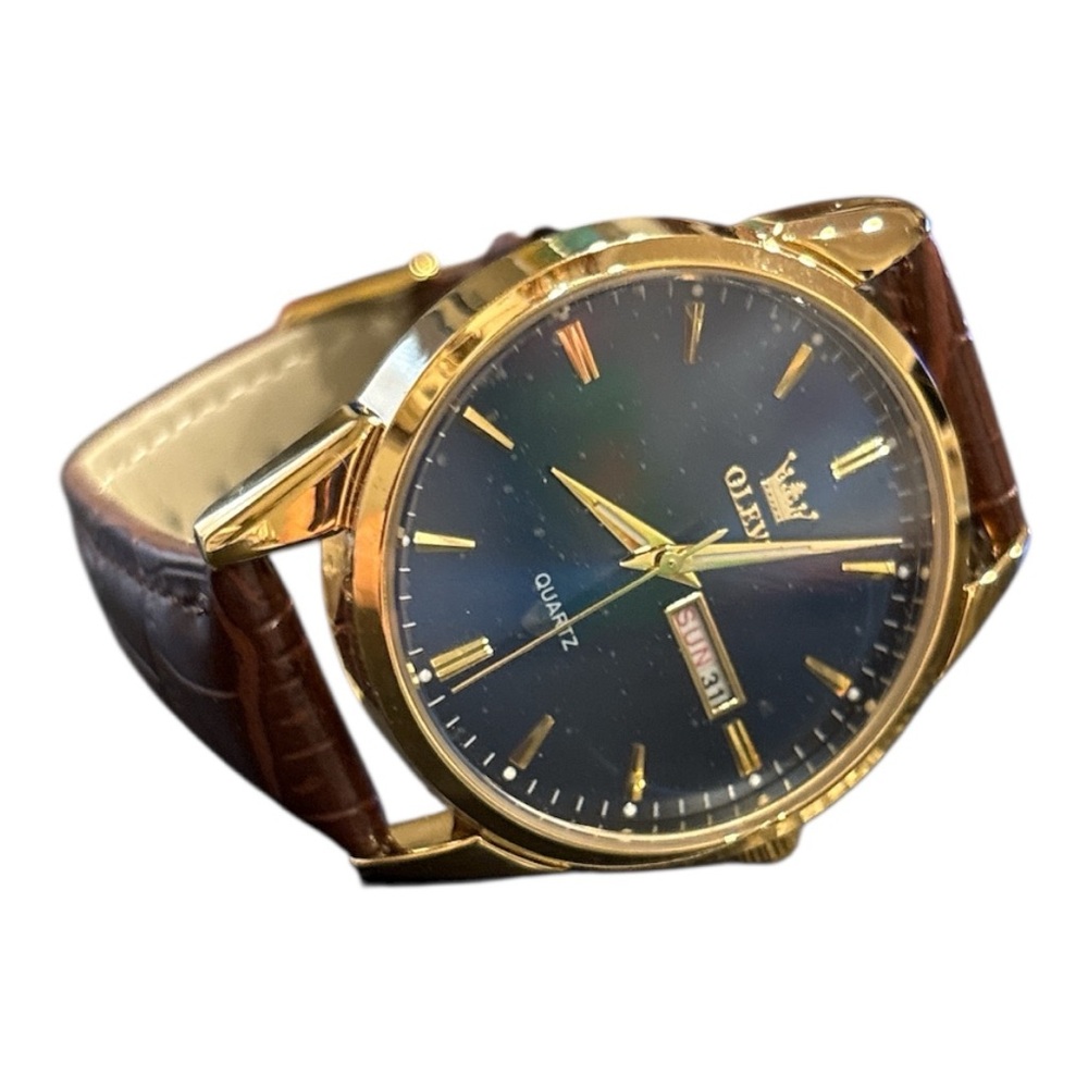 Olevs Men's Analogue Watch Brown Strap Navy Blue Face Gold Case JB6